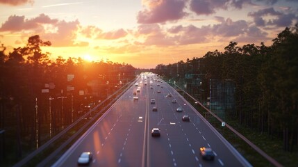 Sunset Highway Scene with Digital Overlay of Cityscape
