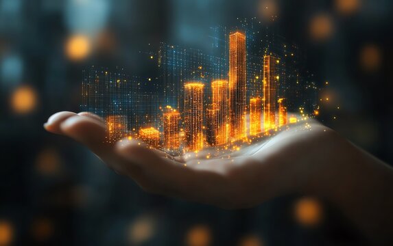 3D holographic bar chart in hand with growth percentages, business technology, futuristic analytics, digital data display, growth trends