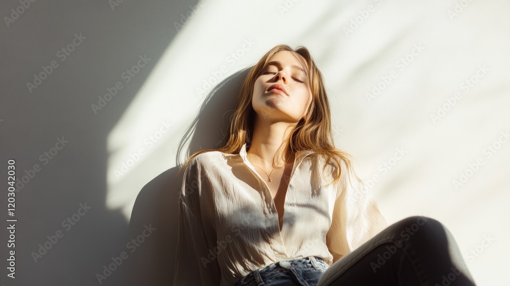 Poster Woman Resting in Sunlit Room Wearing Beige Shirt