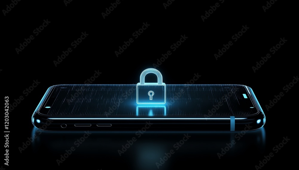 Poster bright lock icon on smartphone in dark background, secure mobile technology, data encryption, digita