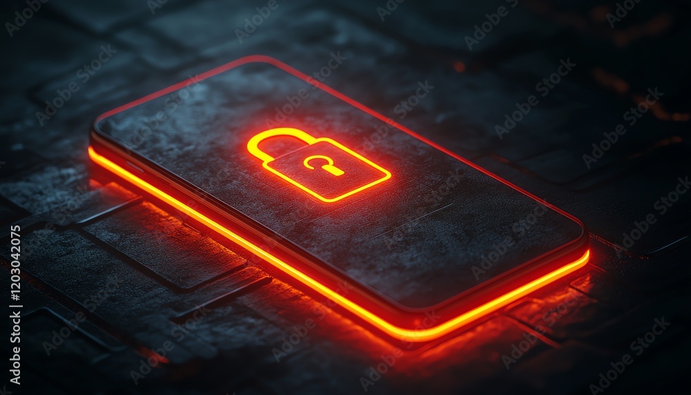 Poster bright lock icon on smartphone in dark background, secure mobile technology, data encryption, digita