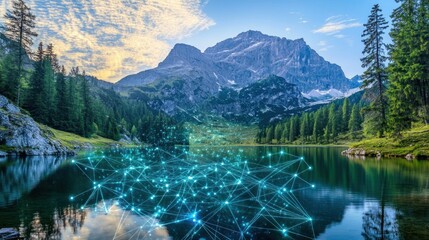 Serene Mountain Lake Reflecting Digital Network Connectivity