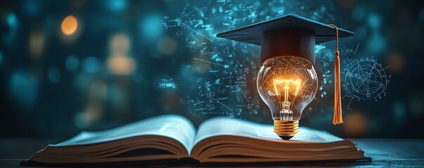 Closeup of a glowing lightbulb with graduation cap and open book showing math formulas, bright innovation, educational breakthrough