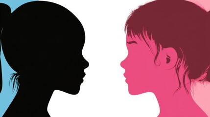 Silhouettes of two girls facing each other in contrasting colors, symbolizing diversity and connection