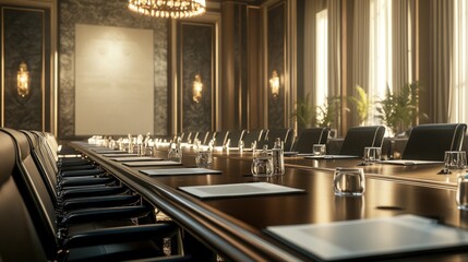 Elegant Conference Room Table Setting With Empty Chairs