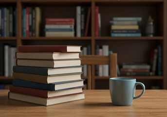 An image that evokes a sense of relaxation and intellectual pursuit, with a stack of books on a wooden table