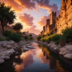 Fototapeta premium Callej?n del r?o Ebro iluminado por la luz del atardecer, tranquility, river, stillness
