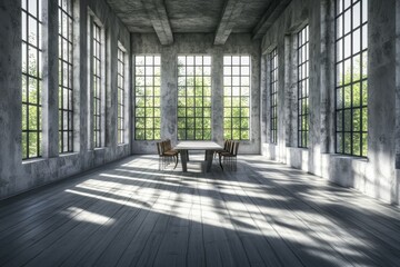 Spacious Industrial Loft Interior with Large Windows and Natural Light