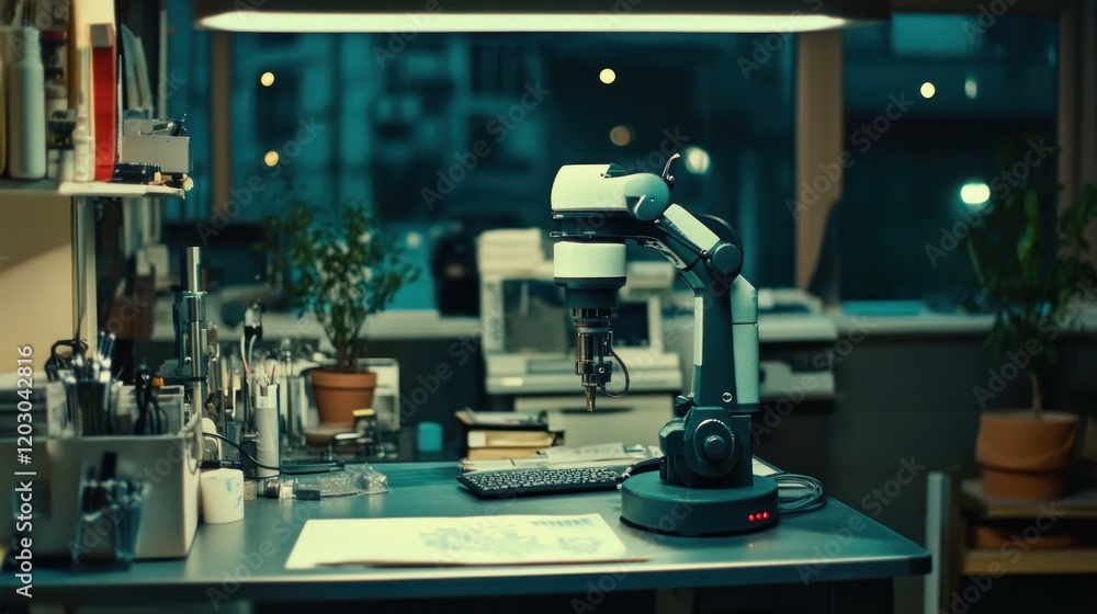 Poster robotic arm on a desk in a dark laboratory