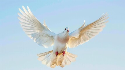 Obraz premium A majestic white dove soars gracefully against a clear blue sky. Sunlight glistens on its feathers, a symbol of peace. Its wings spread wide in serene flight.