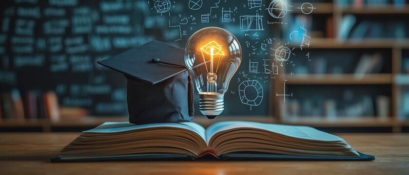 Graduation cap on lightbulb, resting on open book with floating mathematical symbols, educational inspiration, creative learning, innovative ideas