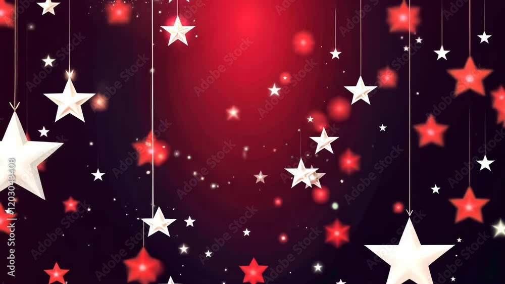 Aufkleber A red background with stars hanging from the ceiling. The stars are scattered all over the background. The stars are of different sizes and are hanging from different strings

