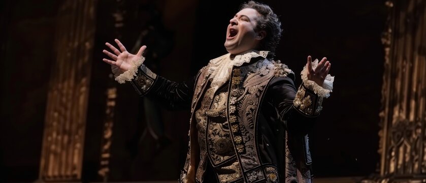 A powerful opera singer in grandioso attire commands a grand stage.  Expressive gestures accompany his soul-stirring performance.  His ornate costume and passionate delivery captivate the audience.