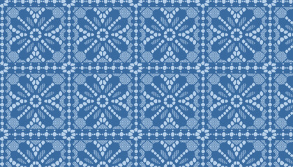 Blue geometric floral lace fabric.