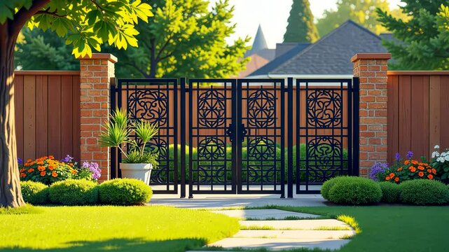 A gate with a brick wall and a tree in front of it. The gate is open. There are flowers in a vase and a potted plant