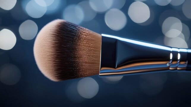 Close up view of a makeup brush against a bokeh background