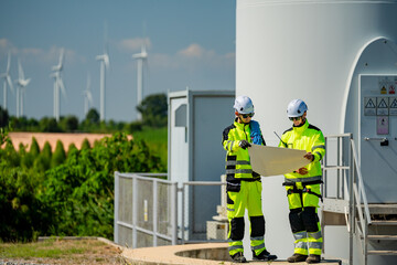 Workers review plans near wind turbines at a renewable energy site in bright safety gear during a...