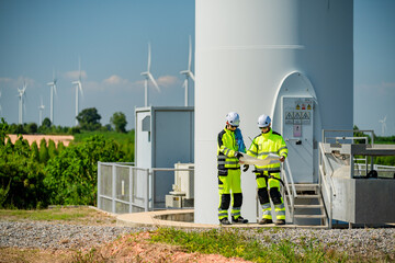 Workers examine plans near a wind turbine in a renewable energy field on a sunny day