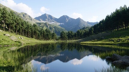 Serene mountain lake reflecting sky