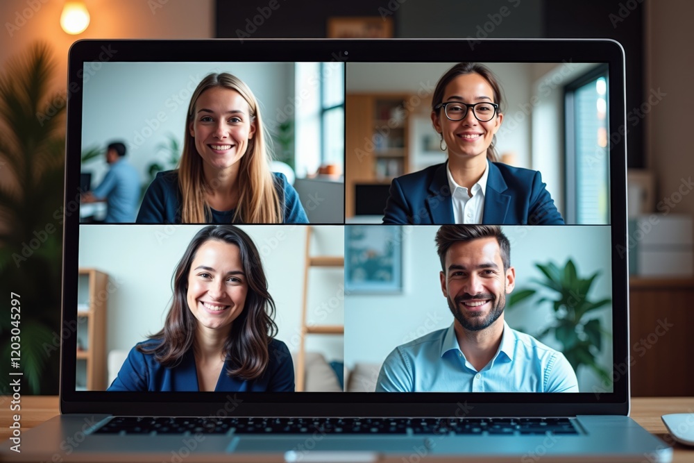 Poster diverse professionals engaged in a virtual meeting via laptop computer displaying four faces smiling