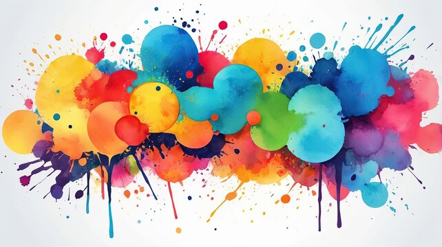 Abstract watercolor with splattered ink effects, blending vibrant primary colors.