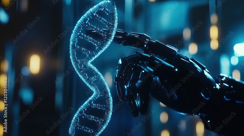 Poster robotic hand interacting with digital dna strand