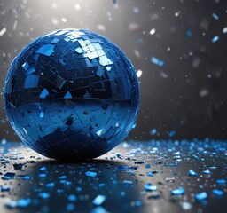 Blue confetti scattered on a metallic background with a disco ball effect, party decorations, birthday decor