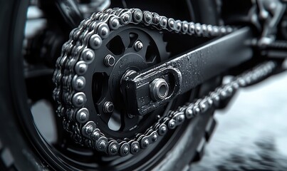 Motorcycle chain drive, wet, close-up.