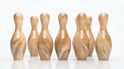 Wooden bowling pins studio setup, light background, game