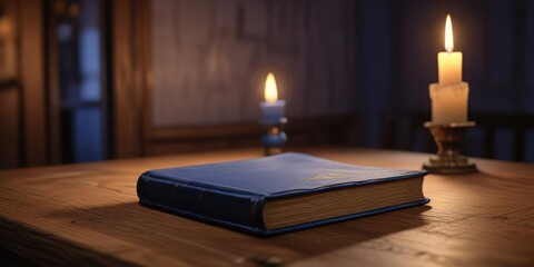 Blue book placed on a wooden table with a single candlelight source casting a warm glow, warm glow, calm ambiance