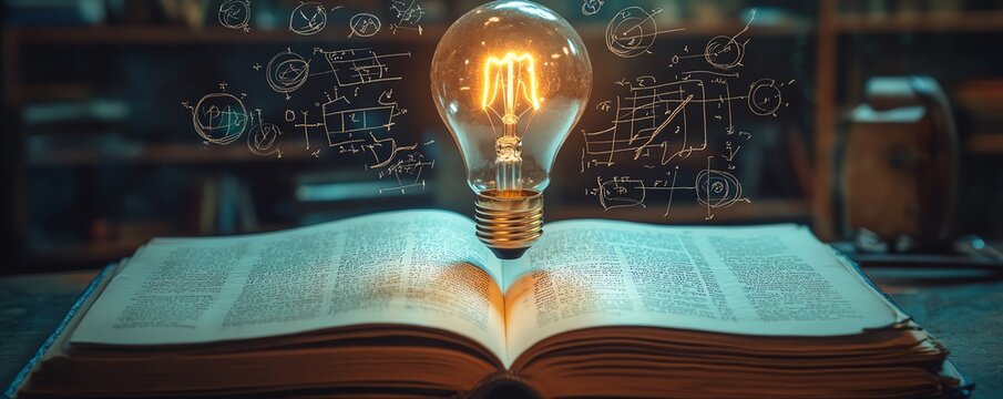 Open book with lightbulb in a graduation cap, mathematical symbols and equations floating, creative learning, inspiration, academic innovation