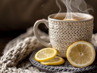 Cozy knitted coaster cradles a steaming mug of lemon water.  Soft light highlights subtle vapor trails.  Warmth in every sip.