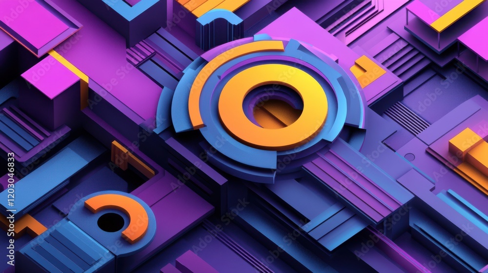 Poster abstract geometric shapes in vibrant colors creating a dynamic digital landscape