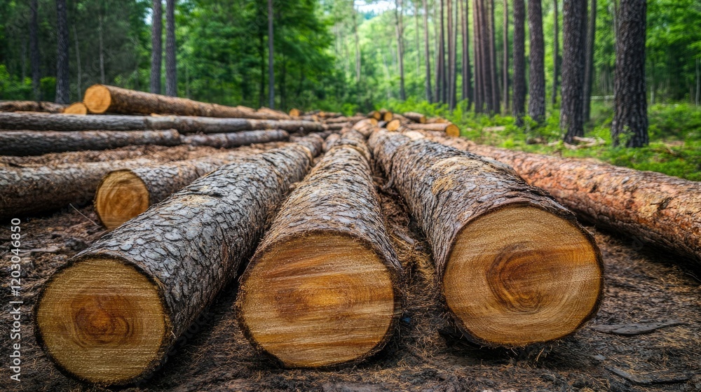 Poster Forest Logs Stacked In A Row Within A Green Forest