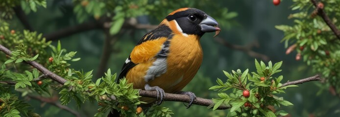 Obraz premium Black headed grosbeak eating a berry from a shrub in the forest, nature photography, foraging behavior, shrub