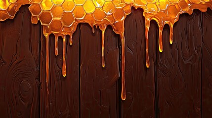 Golden Honey Dripping Down Wooden Surface