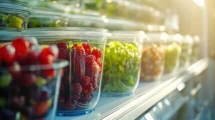 Colorful assortment of fresh fruits and vegetables in transparent containers on display in a bright market