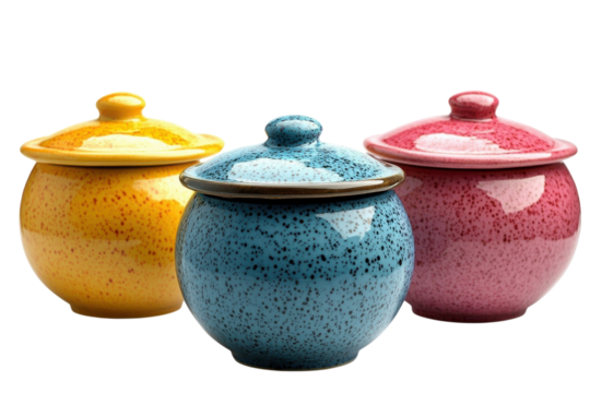 Colorful ceramic pots arranged together, showcasing vibrant designs and craftsmanship ideal for kitchen decor or storage solutions