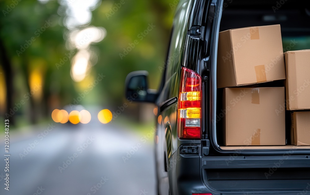 Poster a black vehicle with open trunk displaying cardboard boxes on a tree-lined street, suggesting delive