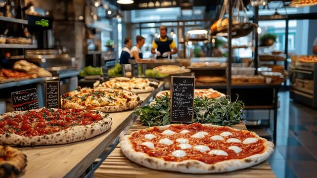 A pizza shop with a variety of pizzas on display