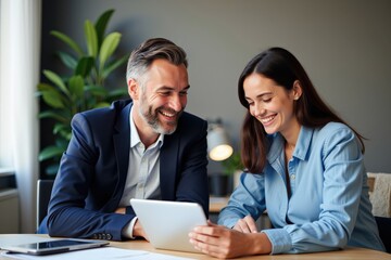 Fototapeta premium Professional Couple Collaborating on Digital Tablet in Modern Office Setting, Engaging in Productive Conversation and Teamwork