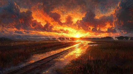 Fiery Sunset Over Railroad Tracks