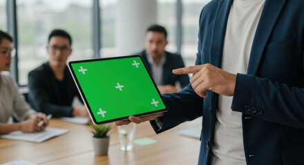 A businessman presents to his team using a tablet displaying a green screen