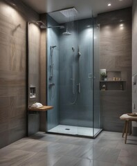 Bathroom with a walk-in shower and rain showerhead, showerhead, towel rack