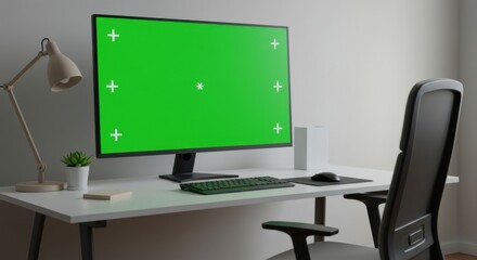 A modern office workspace featuring a computer monitor with a green screen, ready for your website, app, or software display