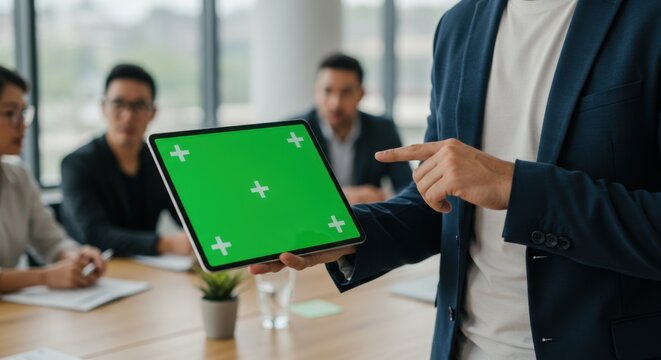 A businessman presents to his team using a tablet displaying a green screen