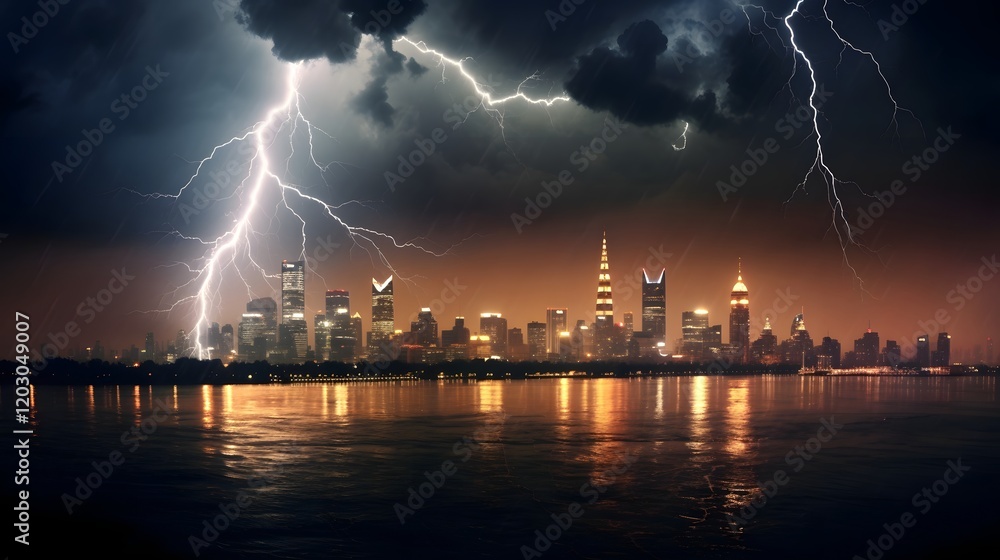 Poster dramatic cityscape of a modern high rise urban skyline under a foreboding storm cloud with flashing 