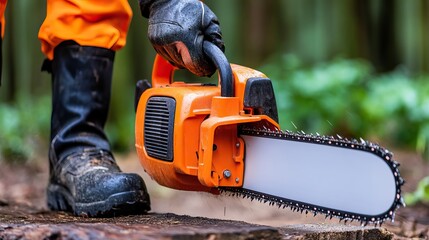 A person in protective gear is holding an orange chainsaw, preparing to cut through a log in a green, natural setting.