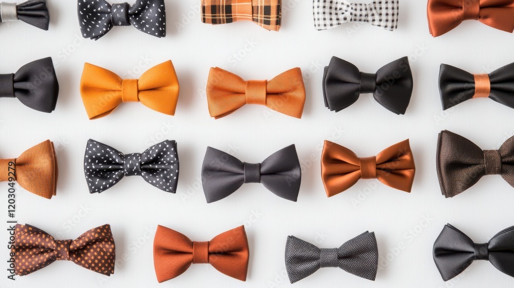 Poster a vibrant collection of bow ties in various styles and colors arranged neatly on a white background