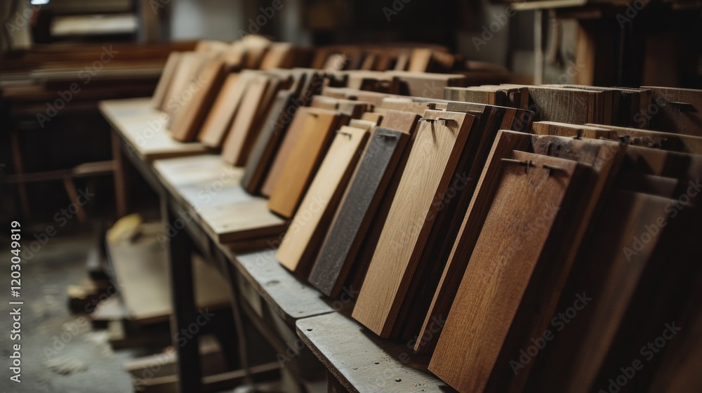 Poster wooden planks arranged on a workbench in a workshop